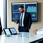 A diverse group of five professional business individuals, fully clothed in modest business suits and appropriate attire, are engaged in a collaborative discussion in a modern, bright office environment. They are standing around a large table, observing a holographic projection displaying intricate market growth charts and sustainable technology schematics. The atmosphere is forward-thinking and innovative. Perfect anatomy, correct proportions, natural pose, well-formed hands, proper finger count. Safe for work, appropriate content, fully clothed, professional. High-quality photography, sharp focus, realistic.