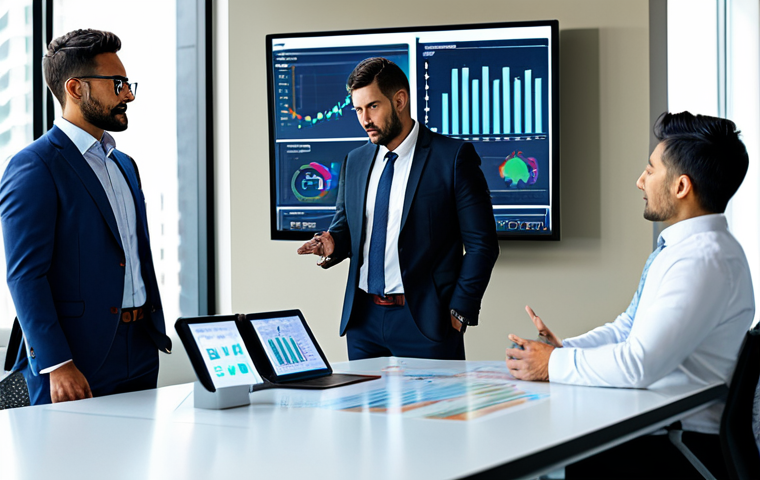 A diverse group of five professional business individuals, fully clothed in modest business suits and appropriate attire, are engaged in a collaborative discussion in a modern, bright office environment. They are standing around a large table, observing a holographic projection displaying intricate market growth charts and sustainable technology schematics. The atmosphere is forward-thinking and innovative. Perfect anatomy, correct proportions, natural pose, well-formed hands, proper finger count. Safe for work, appropriate content, fully clothed, professional. High-quality photography, sharp focus, realistic.