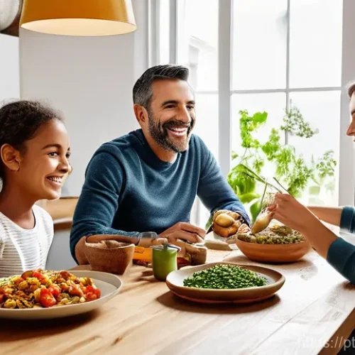 Home 27 곤충단백질의 생태계 영향 - **A modern family enjoying a nutritious meal featuring insect-based ingredients in a Portuguese kitc...