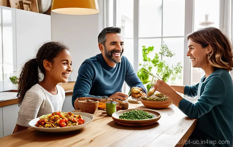 곤충단백질의 생태계 영향 - **A modern family enjoying a nutritious meal featuring insect-based ingredients in a Portuguese kitc...