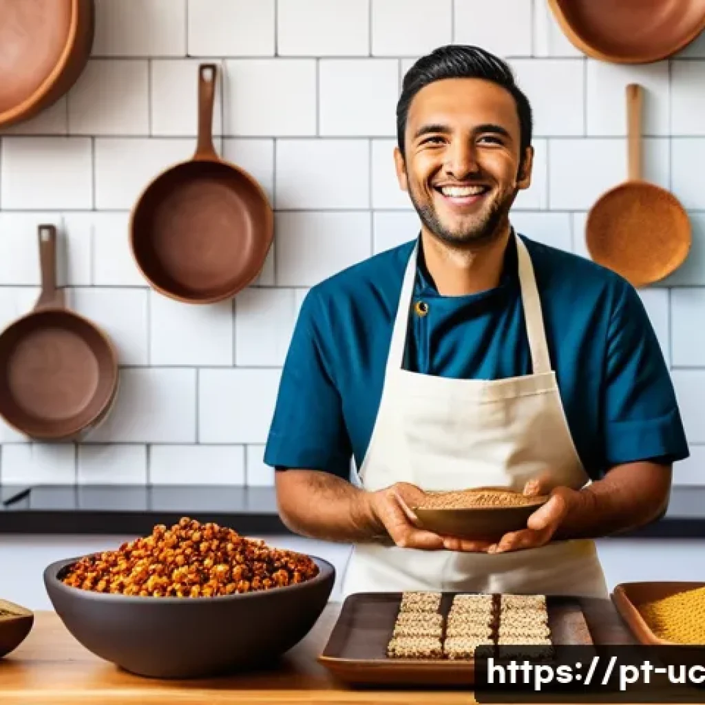 곤충단백질의 생리활성 물질 - A vibrant and detailed image of a traditional Brazilian kitchen scene where a chef wearing casual cl...