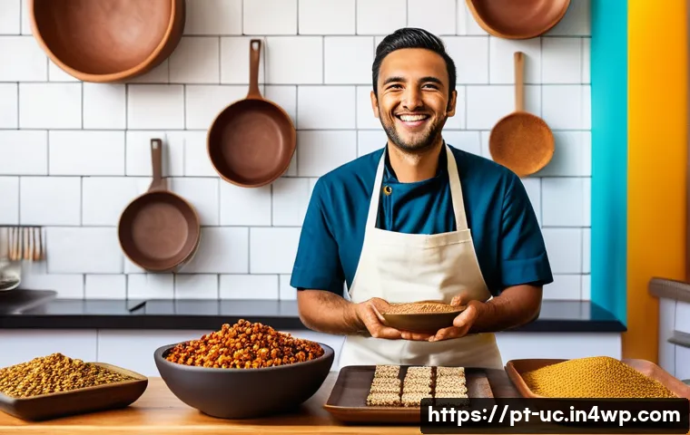 곤충단백질의 생리활성 물질 - A vibrant and detailed image of a traditional Brazilian kitchen scene where a chef wearing casual cl...
