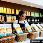 Home 19 곤충단백질의 차별화된 마케팅 전략 - Photorealistic premium food marketing scene in a sunlit Lisbon specialty grocery store, elegant inse...
