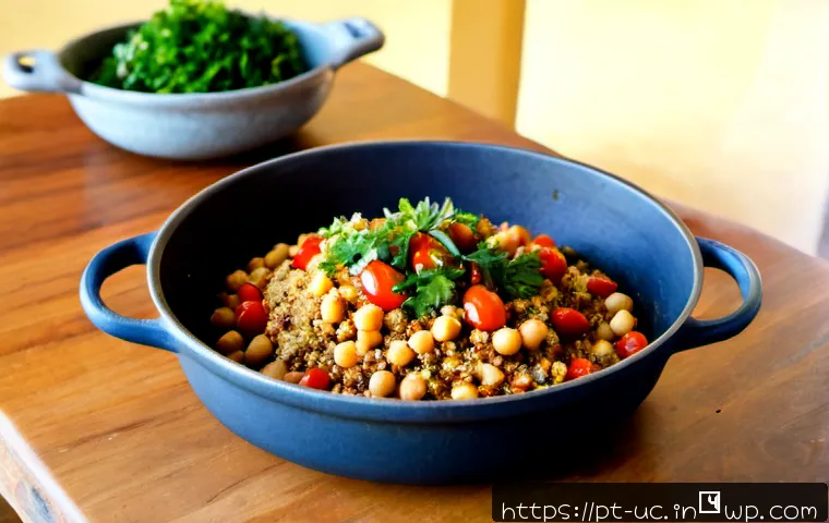 Home 15 곤충단백질로 만든 고단백 요리 레시피 - Photorealistic high-protein insect-based recipe, a rustic Portuguese-style chickpea and vegetable sk...